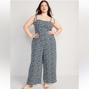 💙OLD NAVY NWOT FLORAL LINEN BLEND TIE SHOULDERS CORSET JUMPSUIT + POCKETS